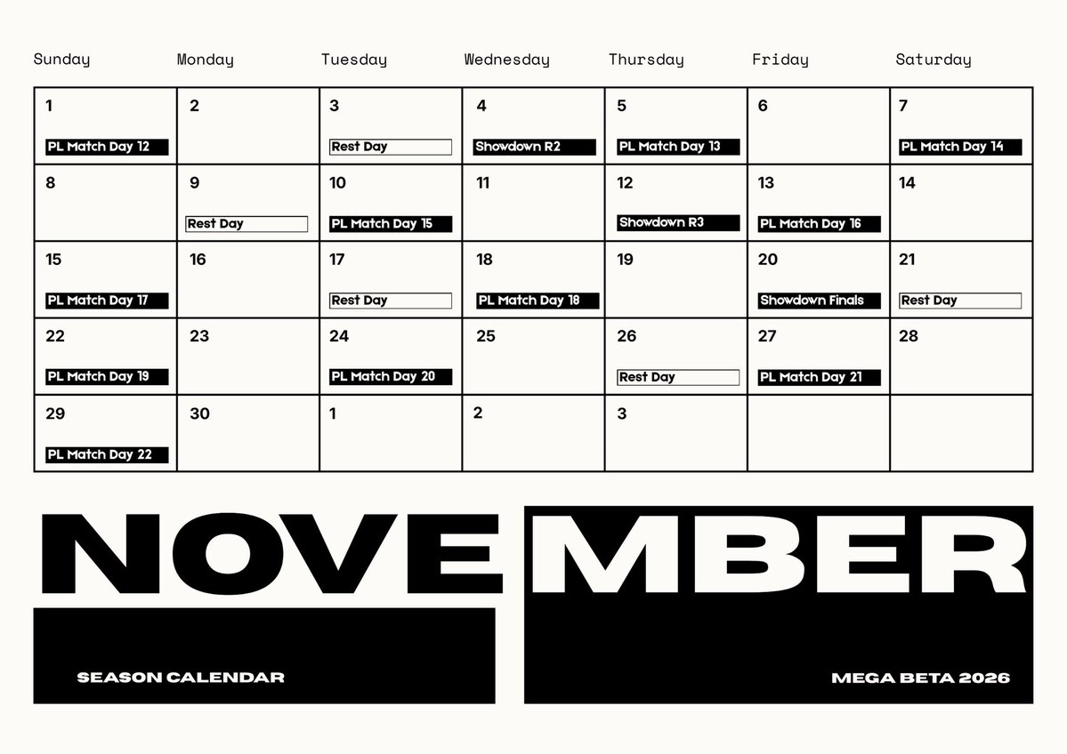 official_mega_'s tweet photo. 📅 THE ROAD TO THE CROWN IS SET. 🏆

The MEGA Season Calendar is here.
Matchdays. Showdowns. Transfers. Champions.

Save the dates. Stay ready. 🔥

#mega #konami #efootball https://t.co/lRDAB2q9gQ