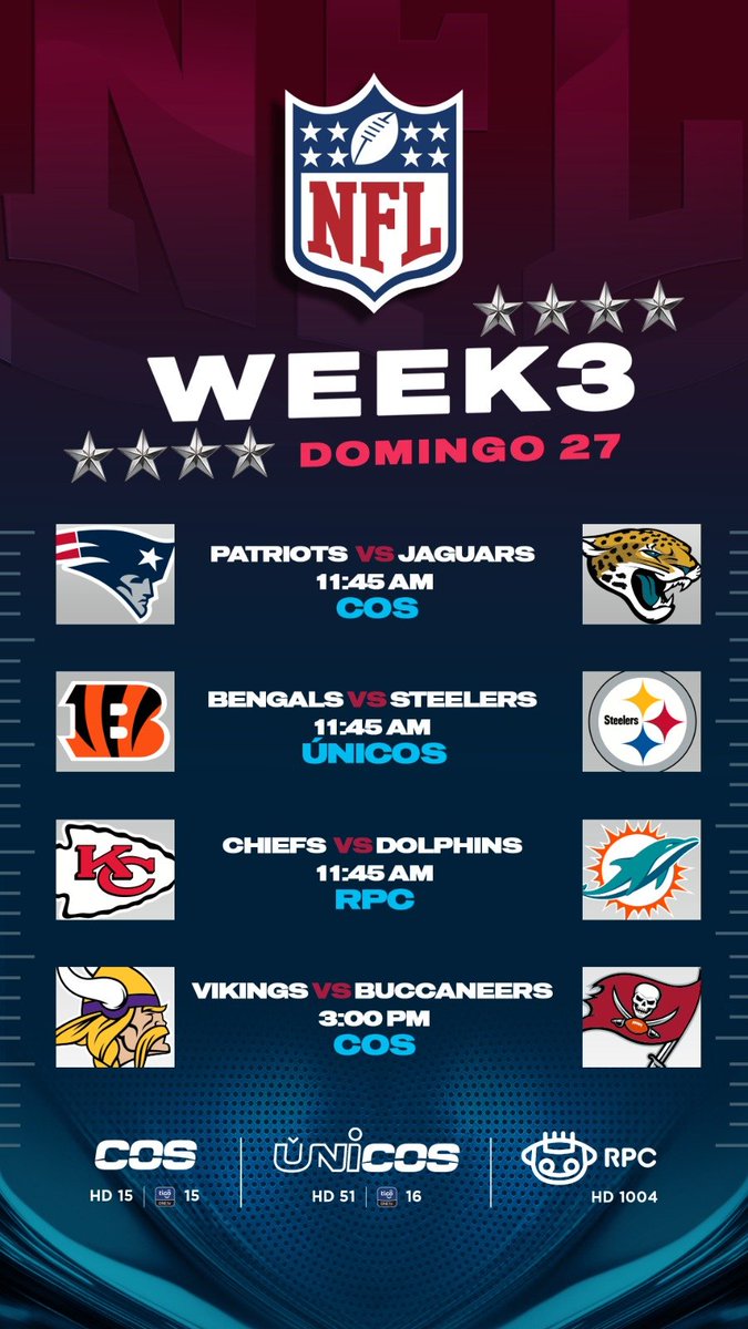 Arquimedesfern1's tweet photo. Esta es la Cartelera de la NFL (por COS, UNICOS, RPC-TV), para hoy domingo (Sept. 27). #NFLxCOS #NFLxUNICOS 
#NFLxRPC #NFLSunday 🏈 #Week3 https://t.co/sLYtd9Wflg