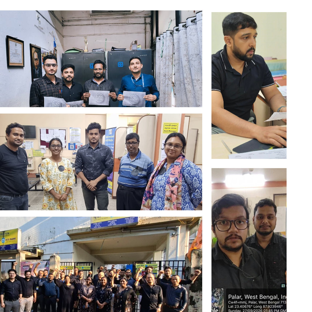 AOUCBWB's tweet photo. Today “BLACK SUNDAY” observed by our members/colleagues of @UCOBankOfficial across the state of West Bengal against Govt’s autocracy and hypocrisy. (2/2)
#5DayBankingnow 
Inquilab Zindabaad ✊🏽✊🏽✊🏽
@AOUCBWB @aiboc_in @idesibanda @UFBUIndia @DFS_India @FinMinIndia @ravish_journo https://t.co/S5FAx4QexL