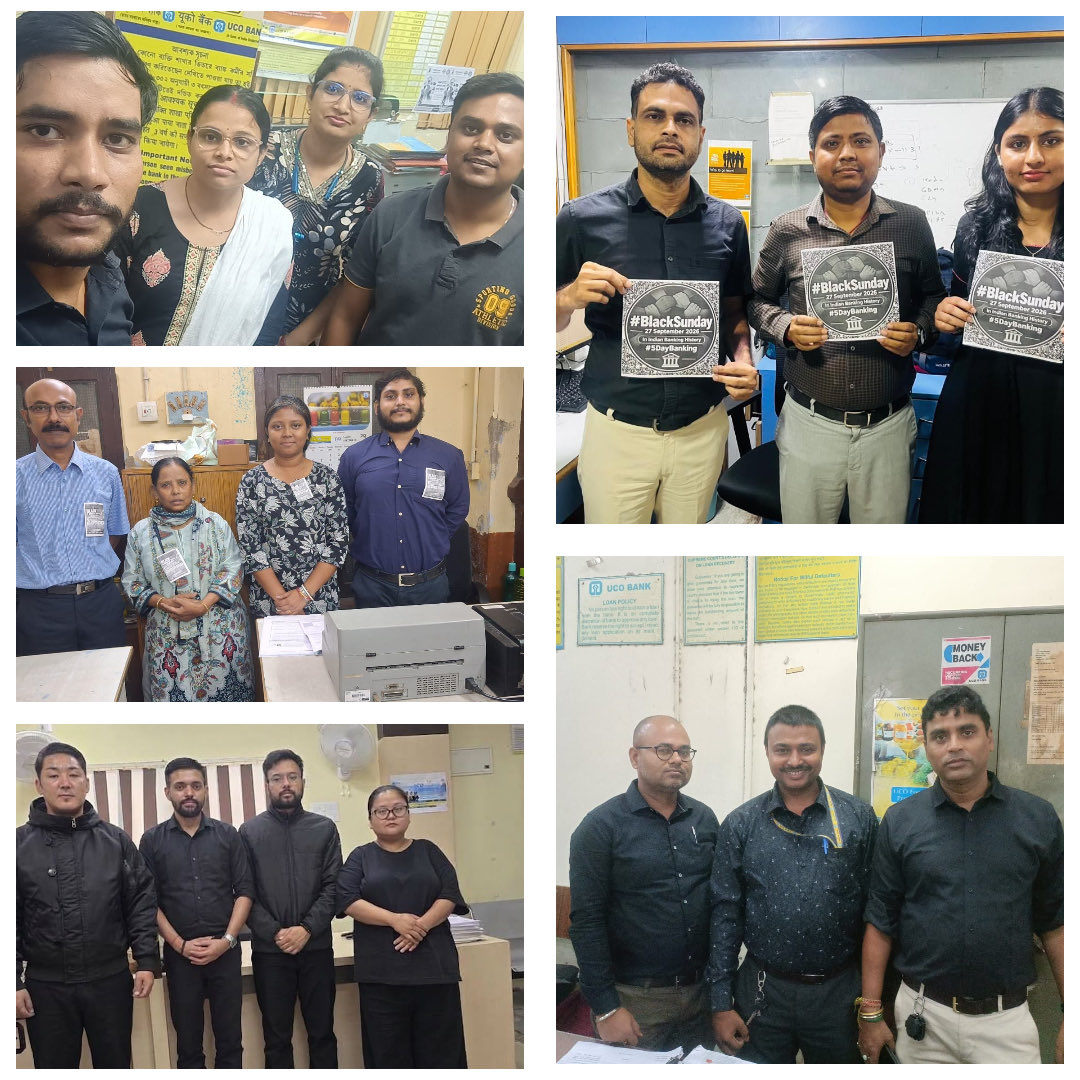 AOUCBWB's tweet photo. Today “BLACK SUNDAY” observed by our members/colleagues of @UCOBankOfficial across the state of West Bengal against Govt’s autocracy and hypocrisy. (2/2)
#5DayBankingnow 
Inquilab Zindabaad ✊🏽✊🏽✊🏽
@AOUCBWB @aiboc_in @idesibanda @UFBUIndia @DFS_India @FinMinIndia @ravish_journo https://t.co/S5FAx4QexL