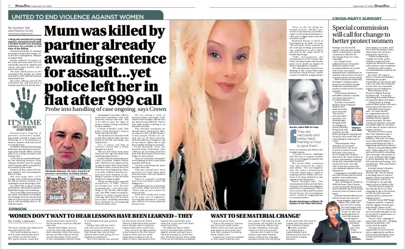 WomensRightsNet's tweet photo. Domestic violence against women is a national emergency. 3 women a week are killed. 
Yet nothing appears to be changing - as this shocking case reported in the @sunday_post shows only too horrifically. Police officers walked away and left Brodie to her fate. 

WRN’s Mary and Cathy are both quoted here and they are right. 
We don’t want to hear lessons have been learnt. We want material change. Women should be safe, not being murdered by violent men.