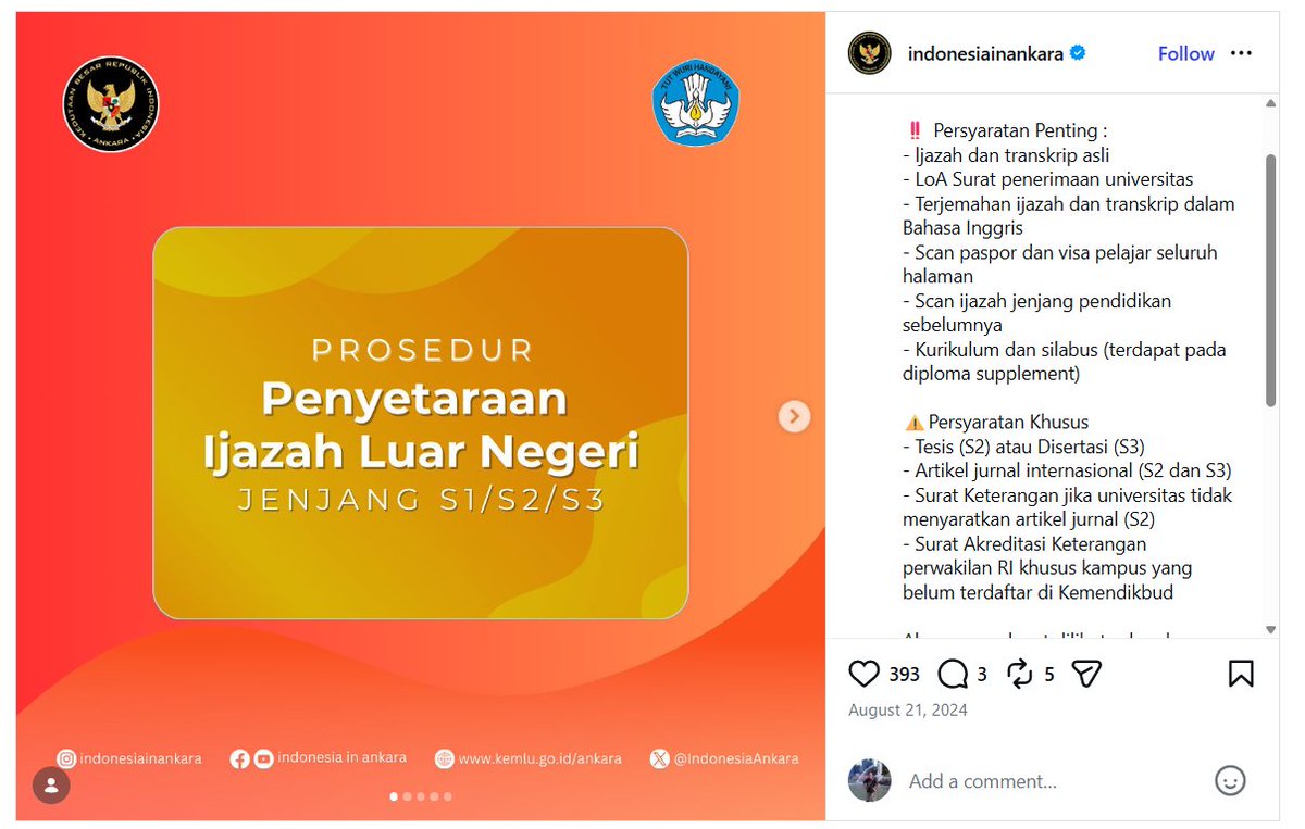 ardisatriawan's tweet photo. Persyaratan Penyetaraan Ijazah Luar Negeri Buat Rakyat Jelata:
‼️ Persyaratan Penting : 
- ljazah dan transkrip asli
- LoA Surat penerimaan universitas
- Terjemahan ijazah dan transkrip dalam Bahasa Inggris
- Scan paspor dan visa pelajar seluruh halaman
- Scan ijazah jenjang pendidikan sebelumnya
- Kurikulum dan silabus (terdapat pada diploma supplement)

⚠️Persyaratan Khusus
- Skripsi (S1), Tesis (S2), atau Disertasi (S3)
- Artikel jurnal internasional (S2 dan S3)
- Surat Keterangan jika universitas tidak menyaratkan artikel jurnal (S2)
- Surat Akreditasi Keterangan perwakilan RI khusus kampus yang belum terdaftar di Kemendikbud

Persyaratan Penyetaraan Ijazah Luar Negeri CALON WAKIL PRESIDEN:
- EHEHEHEHEHEK