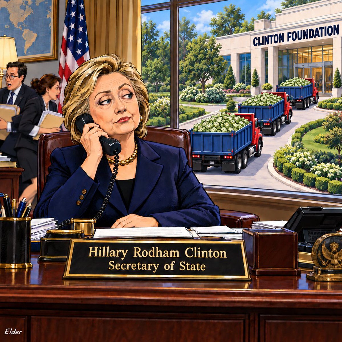 larryelder's tweet photo. “More than half the people outside the government who met with Hillary Clinton while she was secretary of state gave money—either personally or through companies or groups—to the Clinton Foundation. It's an extraordinary proportion indicating her possible ethics challenges if elected president.

“At least 85 of 154 people from private interests who met or had phone conversations scheduled with Clinton while she led the State Department donated to her family charity or pledged commitments to its international programs according to a review of State Department calendars released so far to The Associated Press. Combined, the 85 donors contributed as much as $156 million.”
—Associated Press, August 23, 2016

“[Donald Trump] has undermined the office and used it to enrich himself and his family. Disregarded laws, ethical standards.”
—Hillary Clinton, March 13, 2018

“Another day, another round of headlines about Trump's unprecedented corruption. And this is just the stuff there's reporting about.”
—Hillary Clinton, June 30, 2026

“They’ve even made the federal government a new profit center for themselves and their allies.”
—Bill Clinton, September 22, 2026