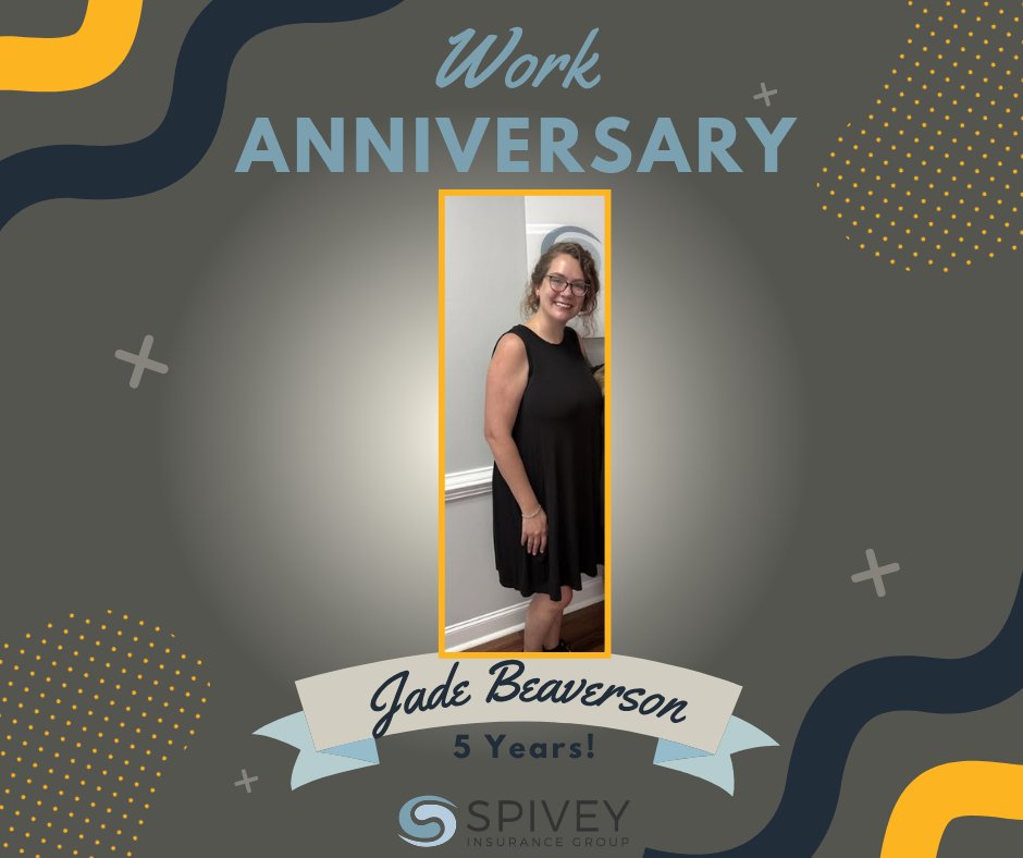SpiveyInsurance's tweet photo. Join us in celebrating a huge milestone! Today marks Jade's   5-year work anniversary with us! 🥳🎉 Thank you for the years of excellence and for helping us grow. #spiveyteam #workanniversary https://t.co/Qc3XTbBMxT