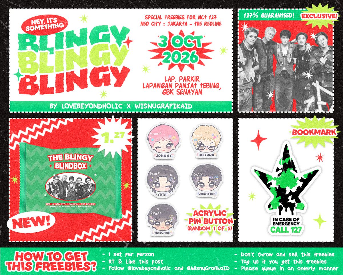 WisnuGrafikaID's tweet photo. ✧ 🔁 &amp; ❤️ are very appreciated! ✧

THE BLINGY BLIND BOX FREEBIES

Present by @WisnuGrafikaID team &amp; @lovebeyondholic 

Kami bagis bagi Freebies jam 8 pagi ya

See you gais ✨️🫶 

#NCT127  #THE_REDLINE_JAKARTA 
#NCT127_5TH_NEOCITY_THE_REDLINE https://t.co/mTZqs41N0F