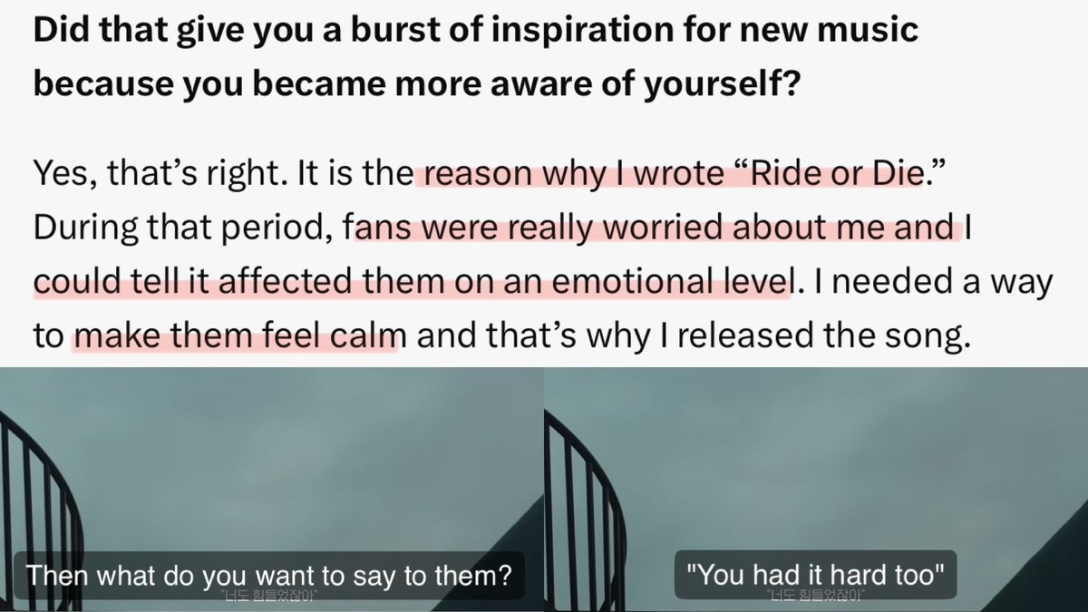 hsngpilled's tweet photo. seeing heeseung cry and mentioning how he still thinks about that march period really made me sad.

hearing his ments today on how he felt like he wasn’t enough, felt insignificant, felt alone, wondering if we would still be there for him, and this isn’t the first time he’s mentioned feeling this way.

it reminded me of his teenvogue interview

💬: evan remembers trying to make the day of the announcement, a tuesday, feel as normal as possible
💬: he kept an eye on the situation, while also trying to find peace with his decision 

🦌: if you view it from one lens, i guess i did a variety of activities in order to ease my apprehensive and worried heart: i ate, practiced my vocals, worked out, watched a movie.
🦌: i tried to spend the day working on myself

also, how he described “overflow” & “ride or die”

🦌: overflow is a song i wrote when i was going through a really hard time. i was surrounded by many emotions and it was a period when those feelings weren’t really being resolved or released. they started bubbling up inside me so i thought

🦌:…it is the reason why i wrote “ride or die”
🦌: during that period, fans were really worried about me and i could tell it affected them on an emotional level.
🦌: i needed a way to make them feel calm and that’s why i released the song.

i just wanna give me such a big hug ☹️🫳