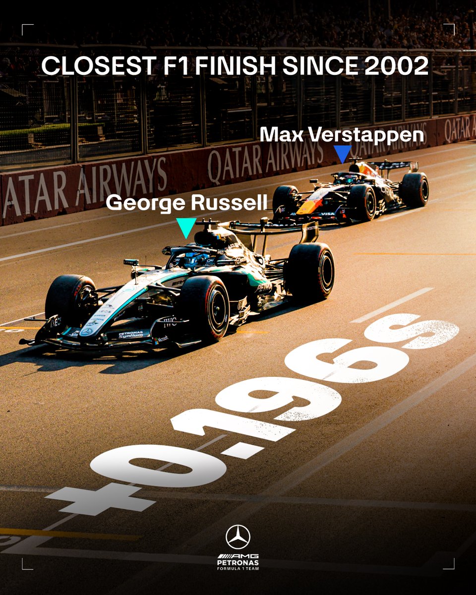MercedesAMGF1's tweet photo. Winning by a fraction 🤏

The closest finish in Formula 1 since 2002 Indianapolis! https://t.co/BN1C6Sf32o
