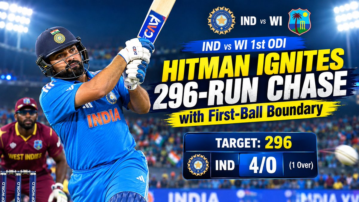 rrnewstrends's tweet photo. 🚨 FOUR OFF BALL ONE!  
Rohit Sharma opens the account in style with a boundary off the very first delivery of the chase.🇮🇳 India: 4/0 (1 over)🌴 West Indies: 295/7 (50 ov)🎯 Target: 296 runs   https://t.co/dPx3XCr3pJ
#INDvsWI #RohitSharma https://t.co/4iyMPzv3Wf