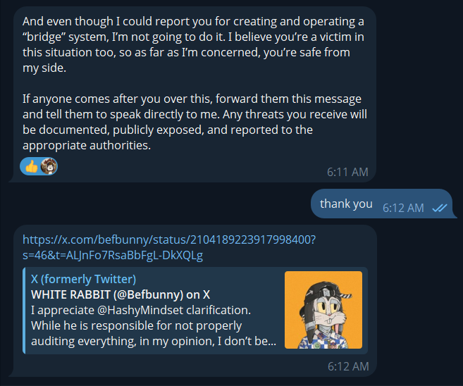 HashyMindset's tweet photo. Assumptions and jumping to conclusions can get people killed.

@Befbunny will clear up the misinformation he wrote about me, and I will keep everyone in my community updated on what’s going on.

@DYORSWAPDEX swap seems to know about the exploit and maybe will help refund those wallets that interacted.

We did not build anything special; we used the info given to us by @DYORSWAPDEX and added a UI to make it easier for people to get giwa early while DYORswap was having issues with their site.

This is the cost of trying to be early i also "lost" 1.5 eth