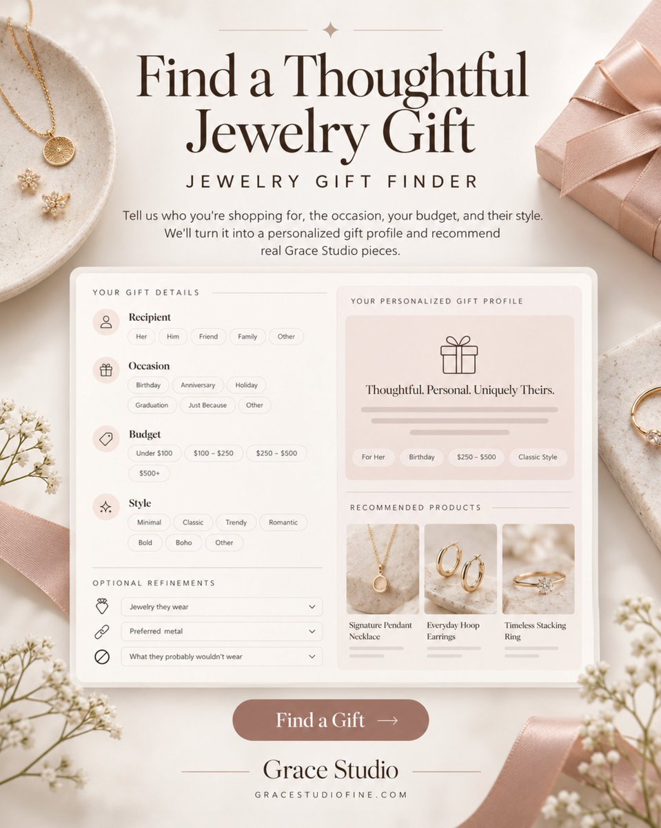 GraceStudioFine's tweet photo. Try Grace Studio’s Jewelry Gift Finder, choose the recipient, occasion, budget &amp; style, then get personalized jewelry recommendations.

Less guessing. More thoughtful gifting.

https://t.co/PxXXMzfykY

#JewelryGift #GiftIdeas #GraceStudio https://t.co/4BVXrzbUlw