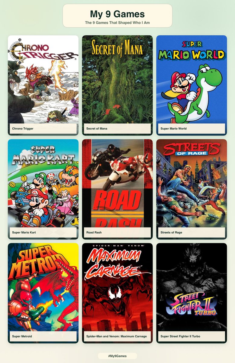 Boolasama's tweet photo. My 9 games of the #16bits generation consoles
#Nintendo #SuperNES
#Sega #Megadrive
#My9Games https://t.co/J5Z5oRkioZ https://t.co/Gw1deKc8Mi