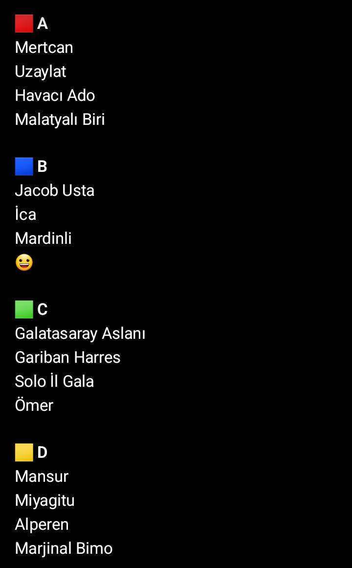 Aziz051905's tweet photo. Turnuva grupları belli oldu
@abukarakutu @Uzaylat066 @Transferisi @GSli_biri1 @JacobUsta01 @estaesmicasaica @HamzaX1969_ @Yagizsampuan @cerenayrukicin @Philharres7  @Leaokappp34 @OmerA14811 @BazMansur45360 @miyagitu__ @osimhensavage @bimo1234_ https://t.co/lDQx0dgYRn