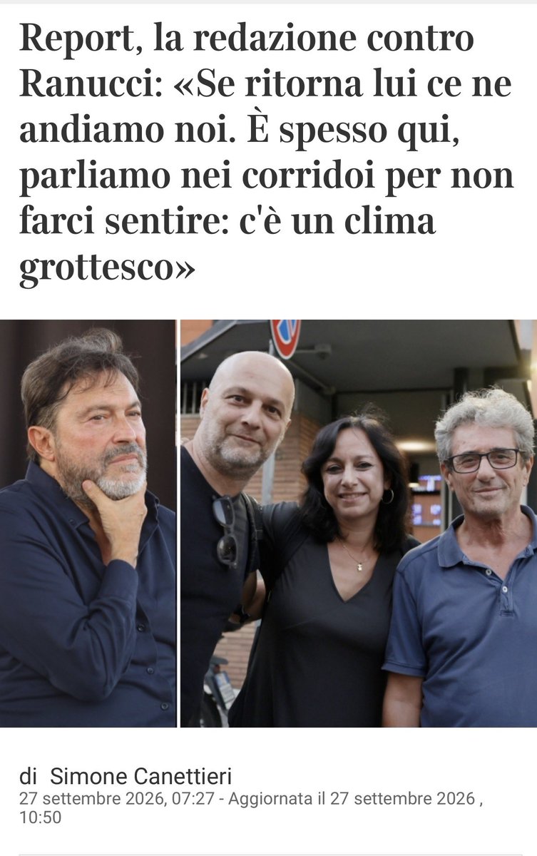 aldotorchiaro's tweet photo. Se anche solo la metà di quanto scrive oggi @simocanettieri sul Corriere fosse vero, sarebbe clamoroso. I giornalisti di @reportrai3 costretti a riunioni clandestine e a una chat parallela per non essere intercettati da @SigfridoRanucci che occupa la sua stanza, fingendo di preparare lenti cartoni, tra ipotesi di microspie e i soliti, immancabili delatori. E tutto questo con @USIGRai e @FnsiSocial silenti, per non dire complici. 
Il #Ranuccigate impone di riscrivere le regole del servizio pubblico, rivedere ruoli, promozioni e premialità nella Rai. 
Va sterilizzato il sindacato infiltrato dai Cinque Stelle e ridata dignità alla tv pagata con il canone degli italiani. 

E va fatto adesso.