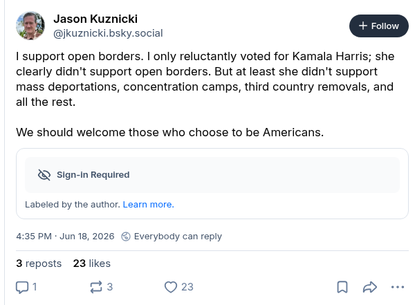 libs_talking_2's tweet photo. @EricLDaugh @BillMelugin_ I support open borders. Welcome those who choose to be Americans. Screenshot. https://t.co/QAQcqgt4No