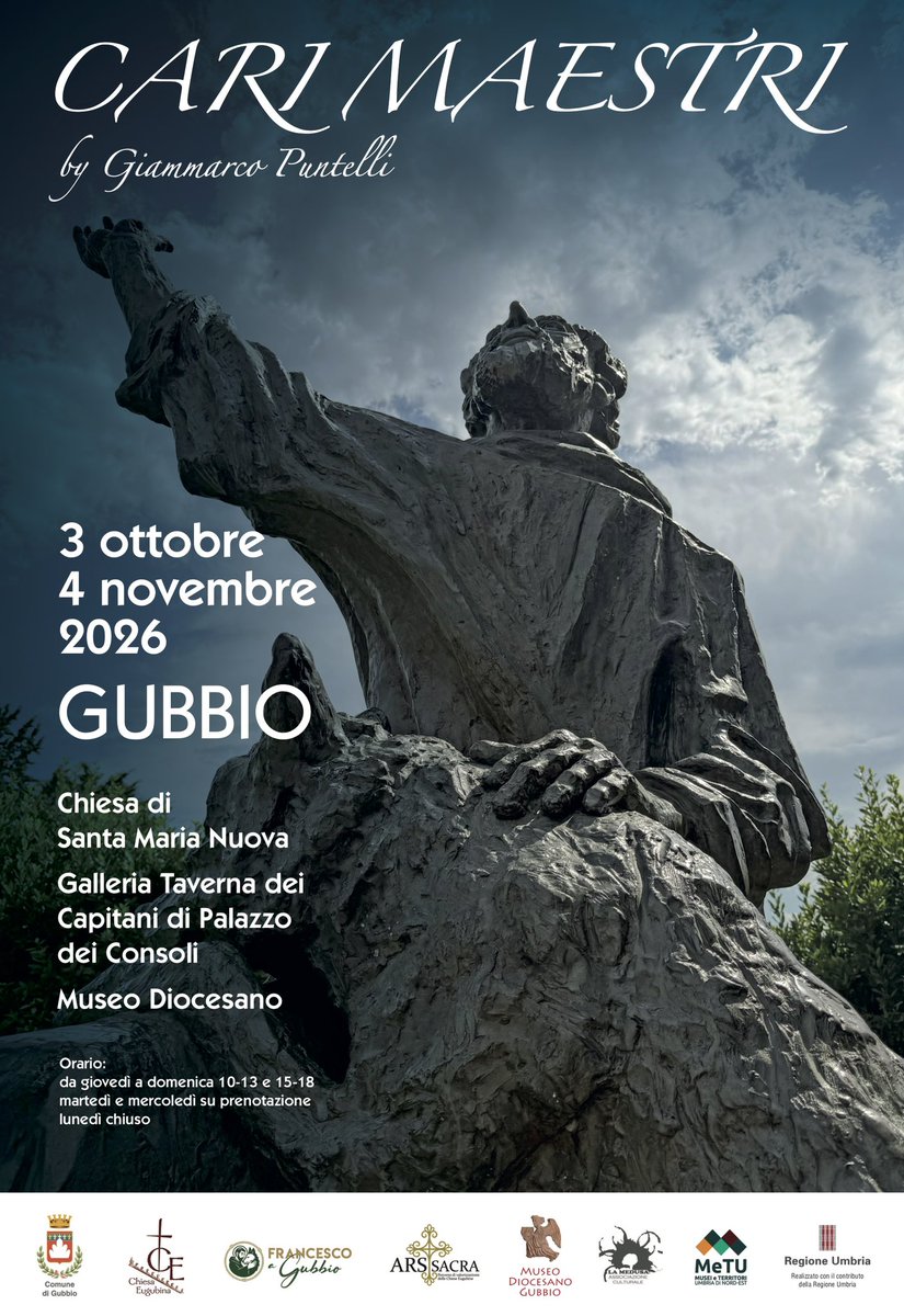 GPuntelli's tweet photo. Nel giorno degli ottocento anni dal Transito di san Francesco l’arte nazionale contemporanea rende omaggio alla spiritualità osservata con le lenti  del sentire francescano. Sabato 3 ottobre alle 16 le autorità inaugurano nella Chiesa di Santa Maria Nuova a Gubbio l’evento italiano che pubblico e operatori del settore stavano aspettando da tanti mesi: alcune delle firme più autorevoli italiane con le loro opere sul tema in Cari Maestri- omaggio alla spiritualità francescana. Oltre settanta le opere d’arte in tre sedi prestigiose a ingresso libero visitabili fino al 4 novembre. Un catalogo a tiratura limitata e uno internazionale per comunicare un messaggio universale con gli strumenti, le tecniche e i colori dell’arte contemporanea dei maestri italiani. Dopo le 16 e la presentazione della bibliografia la visita alle sedi e alle opere. L’Estetica dialoga con la Spiritualità alla ricerca della pace, dell’evoluzione solidale, di un mondo migliore.