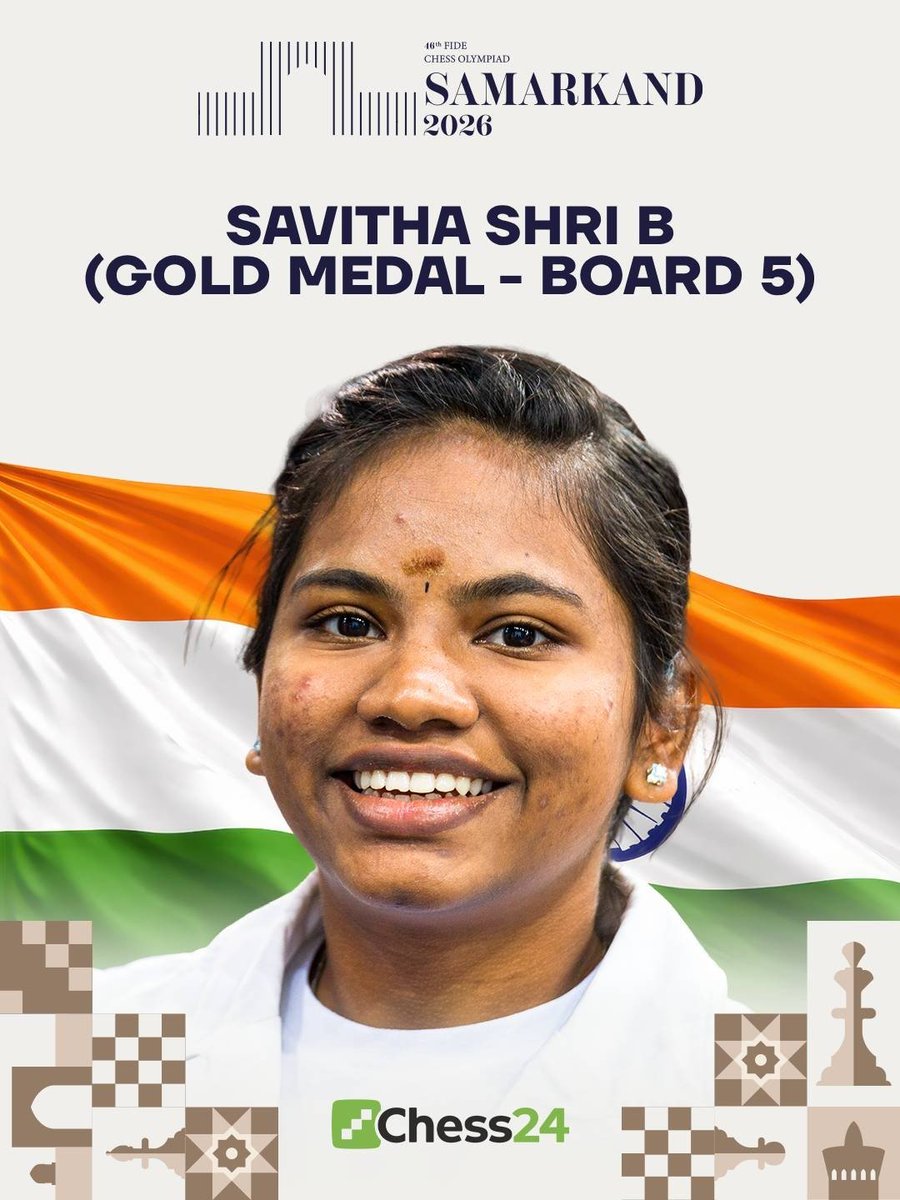 chesscom_in's tweet photo. Congratulations to @savithachess on winning the individual gold medal on board 5 at the 46th Chess Olympiad!  👏

She remained unbeaten throughout the event! #ChessOlympiad https://t.co/YU7TCy8wim