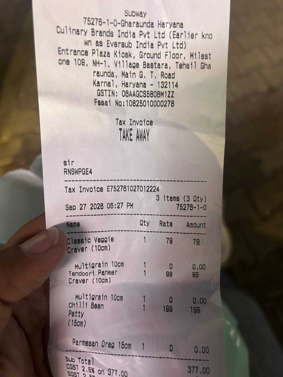gargnipun07's tweet photo. Appalled by the unacceptable service at @SubwayIndia Gharaunda, Karnal.
They completely forgot sauces, and when asked, Mr. Aman (Front Desk) &amp; Mr. Raj (Operator) were extremely rude and ill-mannered. On top of that, the food was a sloppy mess.
@Subway Urgent action required! https://t.co/xV2xKXaSXK