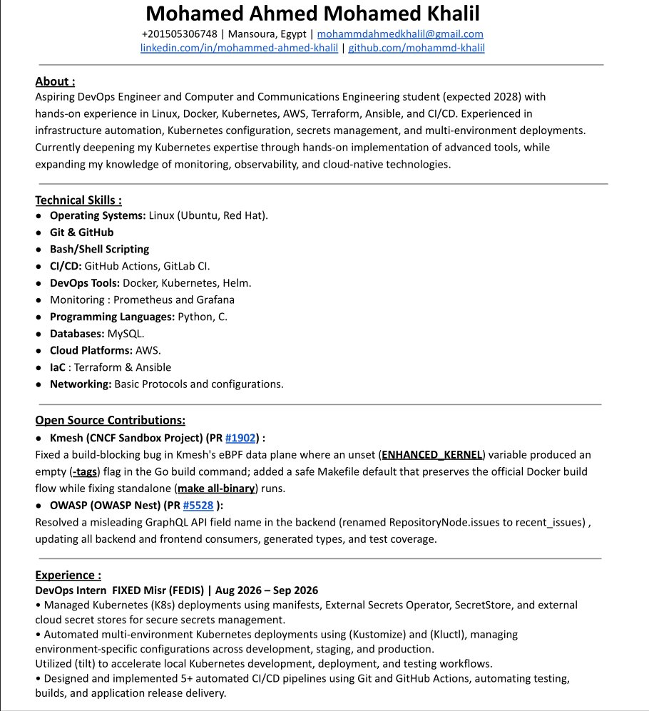 M7MD_KHALIL_7's tweet photo. السلام عليكم ازيكم يا شباب عاملين ايه 
انا بدور على فرصة شغل DevOps وده ال cv بتاعى 
ياريت لو حد عنده اى فرصه يتواصل معايا والله ولى التوفيق https://t.co/4yAkZevfmE