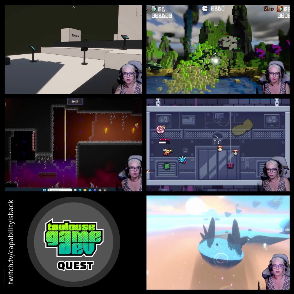 CapabilityGames's tweet photo. Voilà, c'est fini 🥹
Petit résumé en images des belles découvertes de ce dimanche matin à l'occasion de la #TGDQuest !
Merci aux devs @yolwoocle_ @Sp3culo @pinkypunkyseal et @procfxgen qui ont eu la gentillesse de passer sur le live 💚💚💚 https://t.co/Mc4CtdZYgi