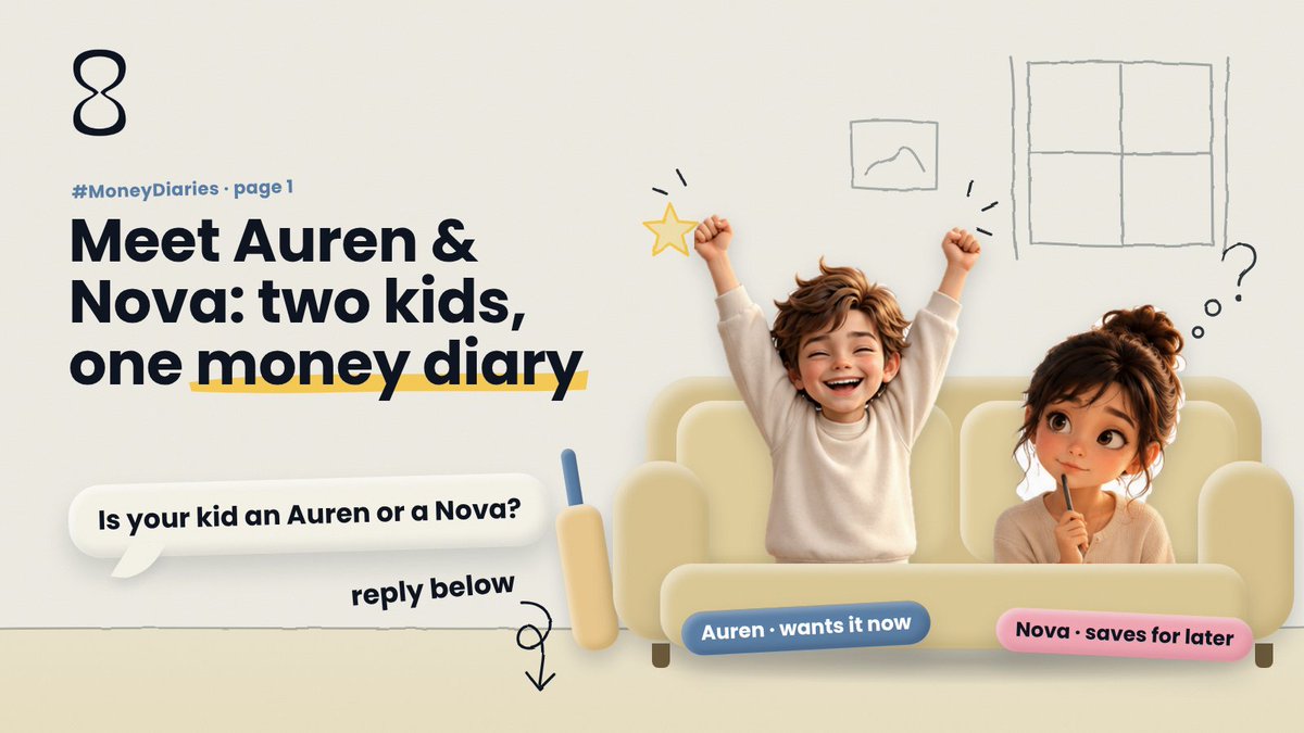 rpenny_world's tweet photo. Meet Auren &amp; Nova 👋 One wants it NOW, one saves for later. Is your kid an Auren or a Nova? Reply 👇 Follow for the next page of their diary. #MoneyDiaries #Parenting https://t.co/QLkuwfOW5O