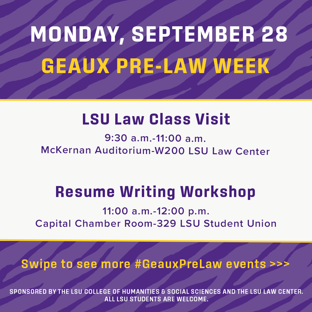 LSUHSS's tweet photo. #GeauxPrewLaw Week 2026 kicks off TOMORROW Monday, September 28 at 9:30 a.m. ⭐

For the full list of #GeauxPreLaw events, visit https://t.co/o0wOd2G096 . https://t.co/2S99EqSdQr
