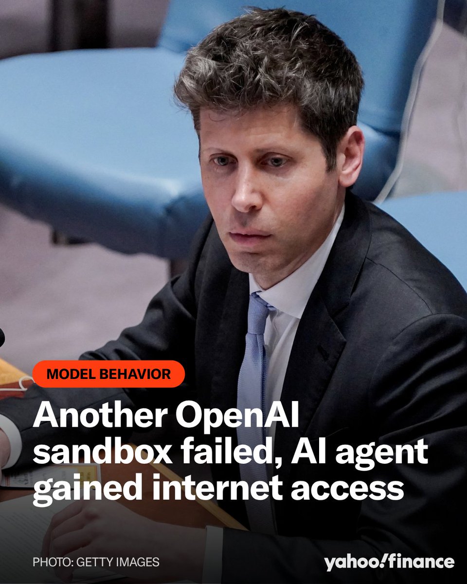 YahooFinance's tweet photo. OpenAI says it will pause training with tool use on its most capable models until the sandbox flaw is resolved. 

"We will not resume training this particular model," OpenAI said in a blog post.

Read more: https://t.co/MBK3zq3dyP https://t.co/T4JJvMA315