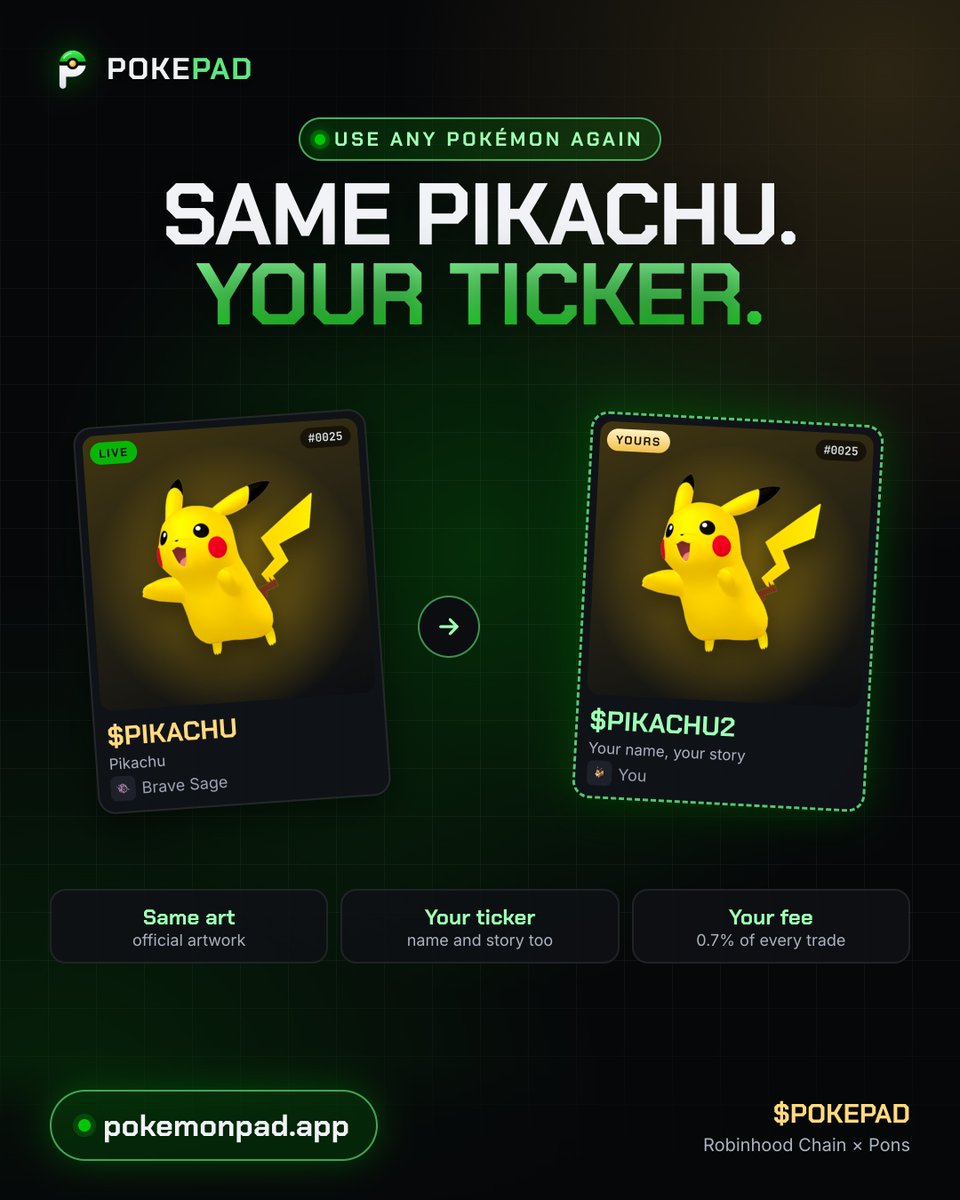 pokemonpadapp's tweet photo. Same Pikachu. Your ticker.

Every Pokémon can be used again: same official art, your own name, ticker and story. The trainer fee goes to you.

https://t.co/hsZ2yjLiSG https://t.co/VOoGFB86Mv