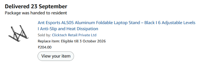 _eigen_vector's tweet photo. @amazonIN I’m facing a serious issue with an order that I have not received, despite Amazon showing it as “Delivered” on 23 September.

I have gate/security entry logs showing that no delivery was made to my address on that day, which I’ll attach as proof.

I contacted customer service, but was told that nothing can be done, I should leave it, and no refund will be provided. This is extremely concerning when the package was never received.

Please investigate the delivery with the delivery partner and resolve this by either locating the package or issuing a refund.

Order: Ant Esports ALS05 Aluminum Foldable Laptop Stand — ₹204
@AmazonHelp #Amazon #AmazonIndia #CustomerService