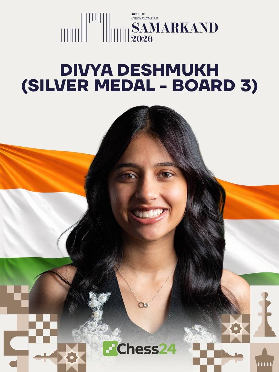 chesscom_in's tweet photo. 👏🥈 Congratulations to @DivyaDeshmukh05 on securing individual silver medal on board 3 at the 46th #ChessOlympiad! 👏👏 https://t.co/MqPEHQyVF7