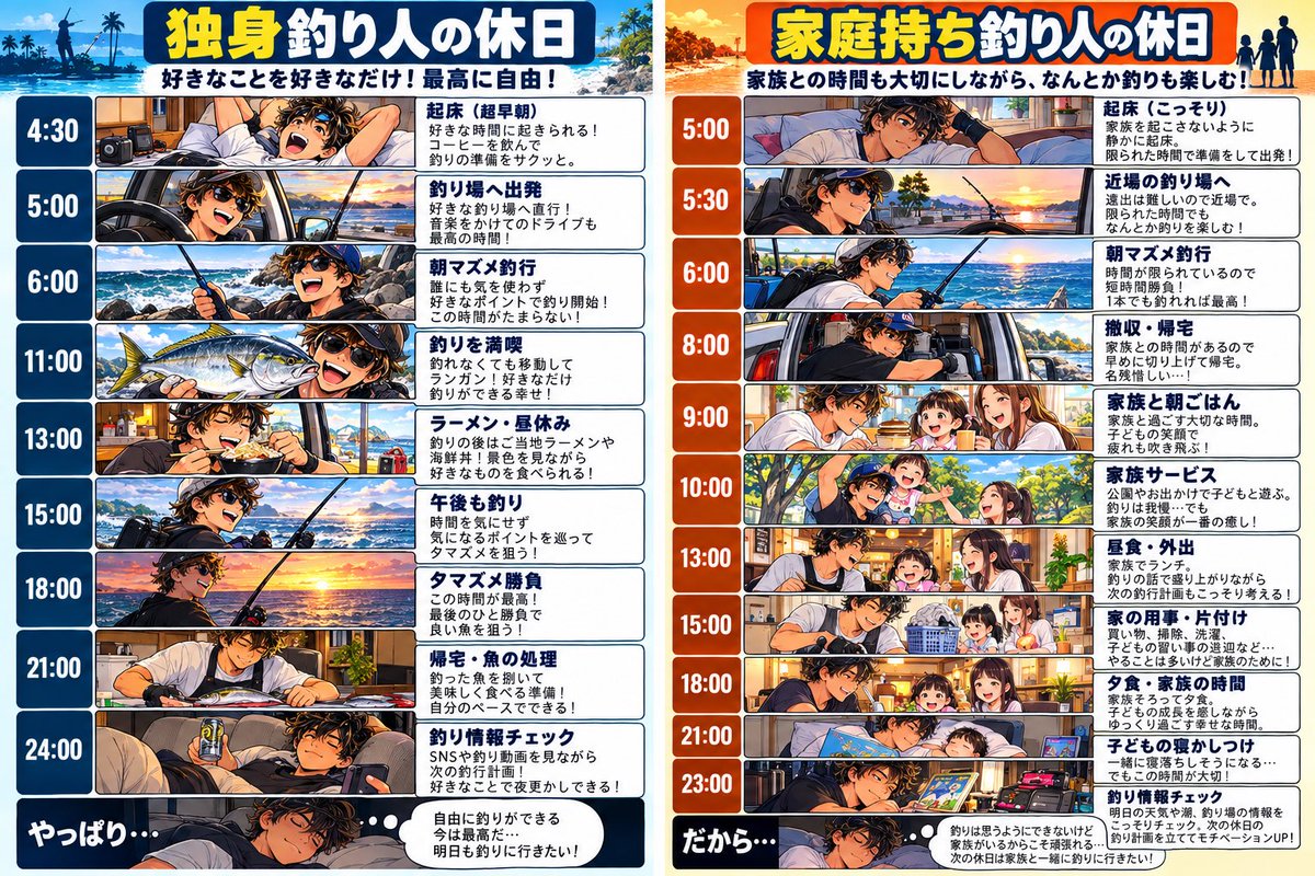 mikabu8's tweet photo. 🎣独身釣り人 vs 家庭持ち釣り人

独身：朝から晩まで好きなだけ釣り🎣
家庭持ち：早朝2時間だけ釣って、家族サービスへ😂

どっちの休日が幸せなんだろう？

釣り人なら一度は考えるやつ https://t.co/jVoM5VNzA9