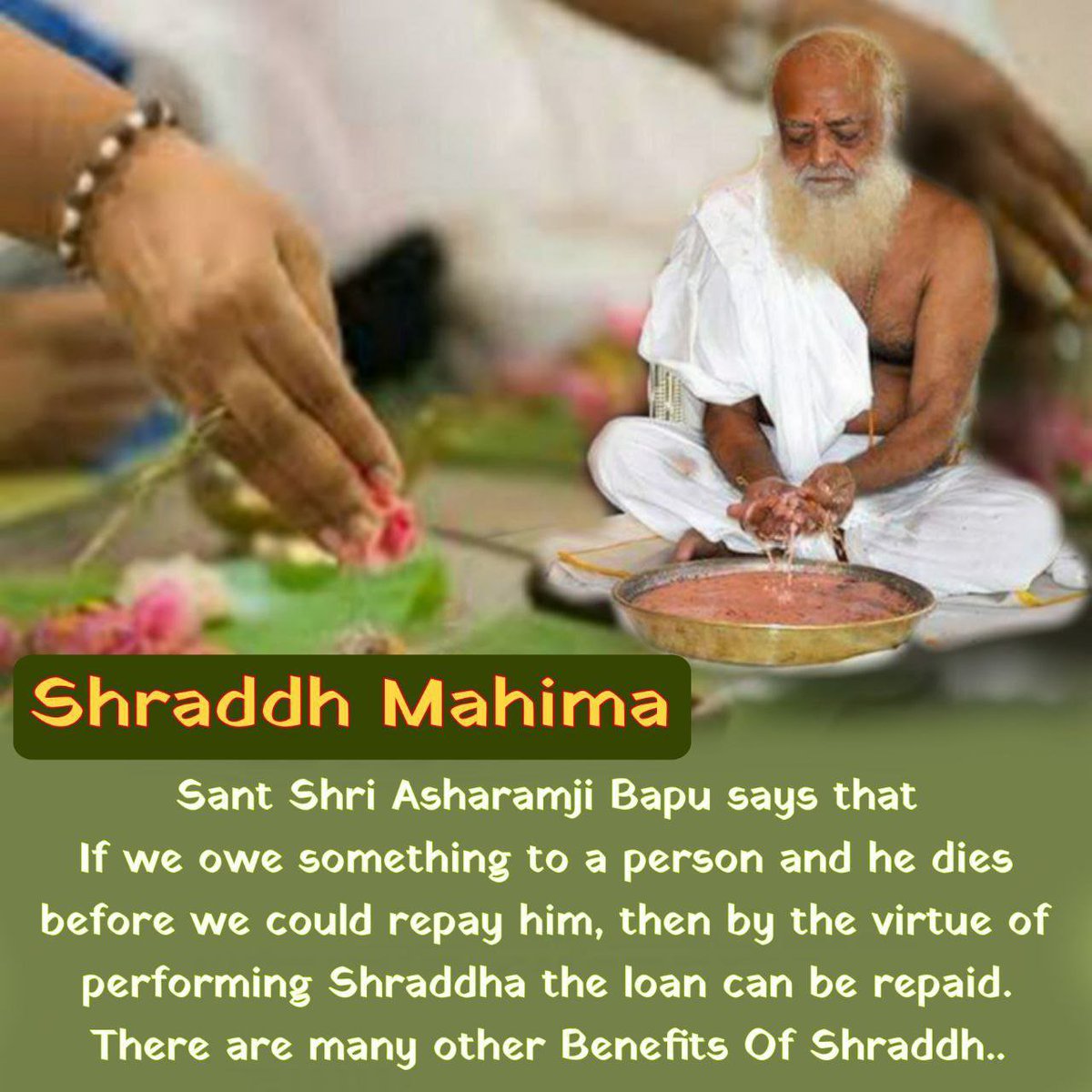 Ravil2fk's tweet photo. @Asharamjibapu__ श्राद्ध में अन्न से बाह्य तृप्ति और भगवन्नाम, स्मरण व श्रद्धा से आत्मिक संतोष की भावना करनी चाहिए । तुलसी, तिल और कुशा के साथ पितरों का श्रद्धापूर्वक स्मरण करें। Sant Shri Asharamji Bapu
#AsharamjiBapuQuotes https://t.co/8UM4N0TpYA