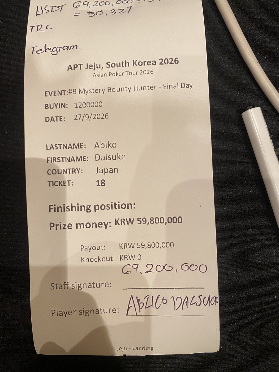 RedoreYoutube's tweet photo. APT Mystery Bounty 優勝しました🏆🏆

賞金960万円🔥（800万円+160万円APTチケット）

最後のHUは22bb（森マン） vs 30bbで賞金半分で良い＋トロフィーあげるからディールしてくれって言われてディールしました。

ちゃんと勝ち切りたかったけど、1000万円とったし、人生まくりっす〜🔥🔥
レツファッキンゴーーーーーーー