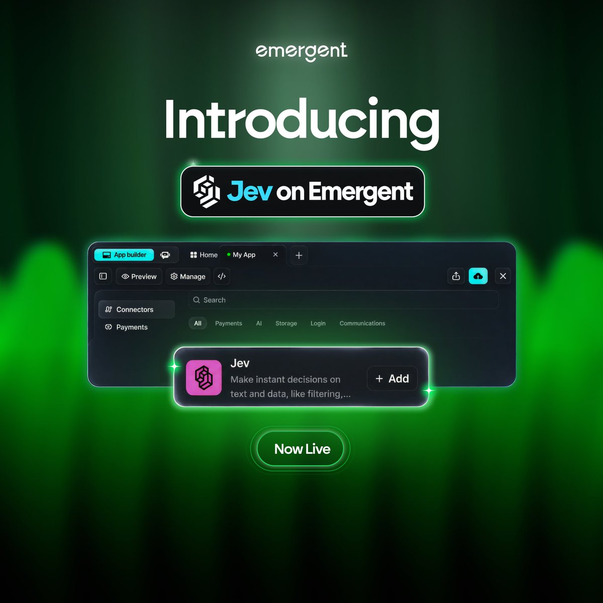 emergentlabs's tweet photo. Jev (@typesafeai) is now available on Emergent via Universal Key. 🥳

Builders can use Jev to make decisions on text inputs. 

Classification, ranking, routing and more, faster and cheaper than LLMs.

No API key needed. Just describe your use case to the agent and start using Jev in your app.

You can also add Jev from Manage > Connectors in your app dashboard. 

Get started at https://t.co/y0cD0FyPfC today! 💚

#JevAi