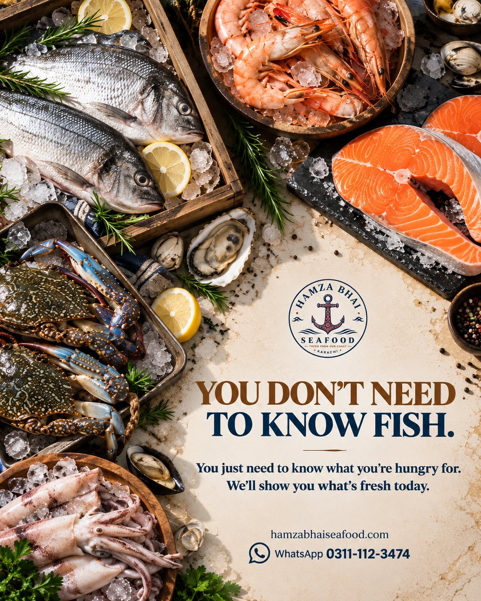 hamzabhaisea's tweet photo. You don't need to know fish. You just need to know what you're hungry for.

Surmai? Snapper? Pomfret? Prawns? Crab?

Tell us what you're in the mood for and we'll show you what's fresh today.

WhatsApp: 0311-112-3474
https://t.co/eymjGrG957 https://t.co/g3Mq7BwVgW