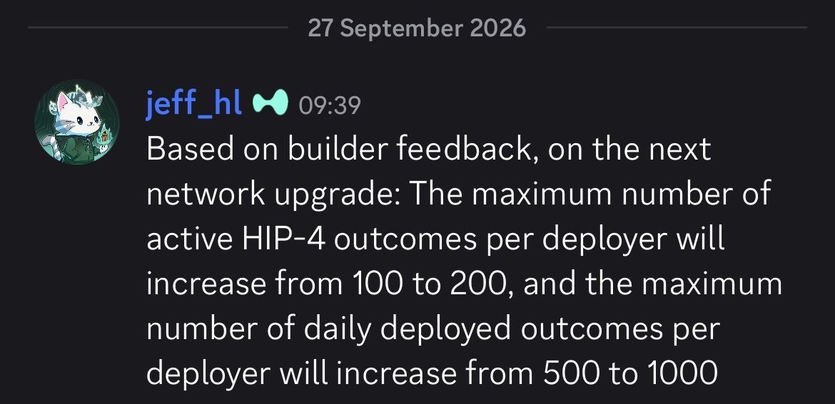 ahmod_098's tweet photo. HIP-4 is expanding its deployment capacity:

• Active Outcomes per deployer: 100 → 200
• Daily deployment limit per deployer: 500 → 1,000

This gives creators significantly more flexibility to launch and scale prediction markets.

@Outcomexyz 👀 https://t.co/98ElacduGs