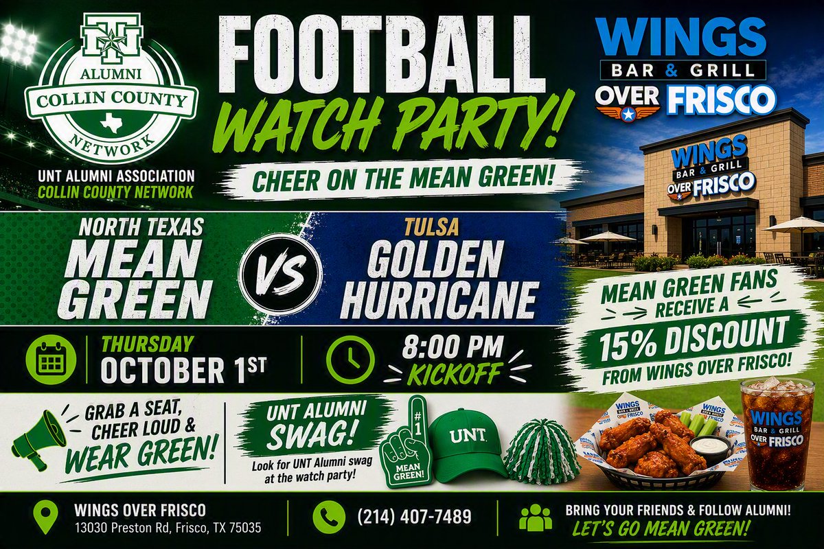 CollinUnt's tweet photo. Come watch the Mean Green take on Tulsa from across the street from UNT Frisco at Wings Over Frisco!  Kickoff is Thursday, October 1st at 8pm.  Be sure to check in using the QR code onsite and obtain a ticket for the half time UNT gift drawings.  #GoMeanGreen #UNTAlumni 💚🦅🏈 https://t.co/glNNddPYmM