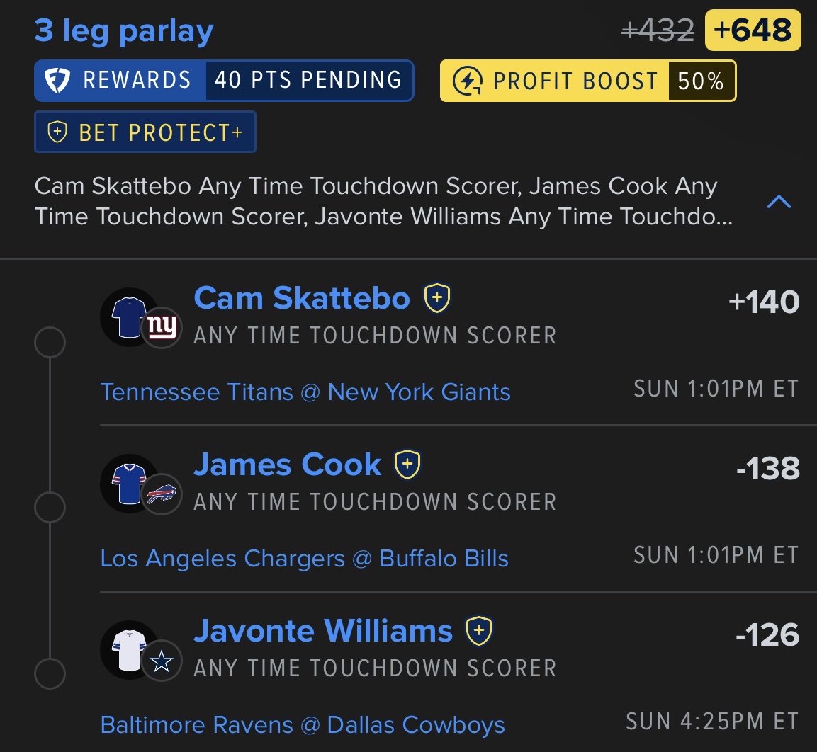 Venz_BullyBets's tweet photo. NFL 9/27/26 Parlay🏈
Sunday NFL Football☀️
NFL Week 3‼️
NFL RedZone🚨

3 leg ATTD parlay +432 (🚀+648)
- Cam Skattebo🗽
- James Cook🦬
- Javonte Williams🤠

More NFL/SNF coming 🔜
Follow/Like for more ALL YEAR🙌 https://t.co/kwV4VdVuOx