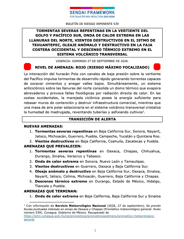 siempreinexorab's tweet photo. Boletín de Riesgo Inminente 539 para México
Nivel de Amenaza: Rojo (riesgo máximo focalizado)
Vigencia: domingo 27 de septiembre de 2026
Sendai Framework #EW4All Impact Based Forecast #IBF
@GobBCS @cepcsonora @SSPCNay @PCJalisco @pcmichoacan @PC_Guerrero @PCGobPue (hilo) https://t.co/giu5anwb6T