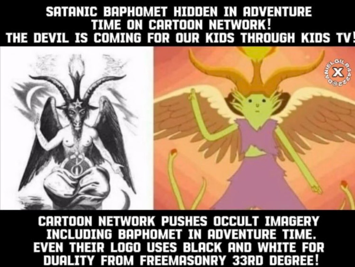 ExposingEvil704's tweet photo. Cartoon Network pushes dark occult imagery, including the Knights Templar deity Baphomet in Adventure Time!

Even their logo uses the Freemason black and white duality! 

The Devil is coming for your kids through kids TV 🍕👹🩸🐇 https://t.co/xFacSY0HYA