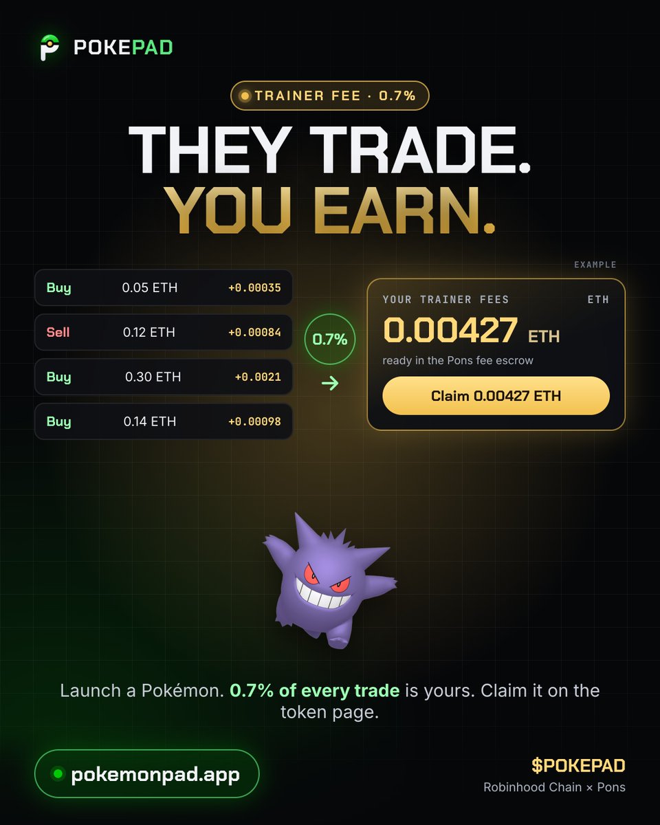 pokemonpadapp's tweet photo. They trade. You earn.

Launch a Pokémon on POKEPAD and 0.7% of every trade on it goes to your wallet. Claim it any time on the token page.

https://t.co/hsZ2yjLiSG https://t.co/myPqDN133b