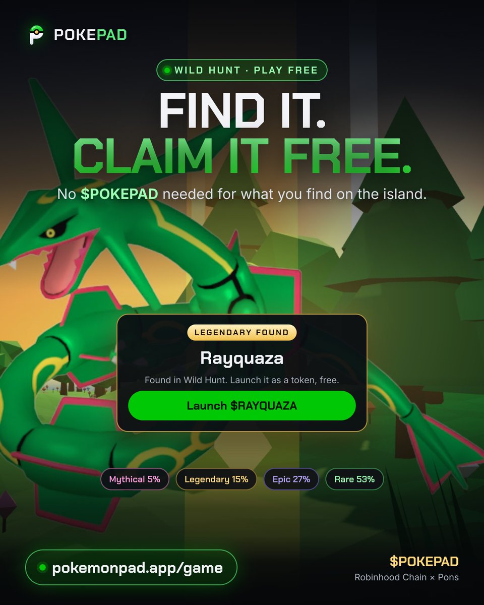 pokemonpadapp's tweet photo. Find it. Claim it free.

Wild Hunt is a 3D island where only rare Pokémon spawn. Whatever you find there, you can launch free. No $POKEPAD needed.

Play → https://t.co/lB1on0yyBC https://t.co/F8IXTK4XOr