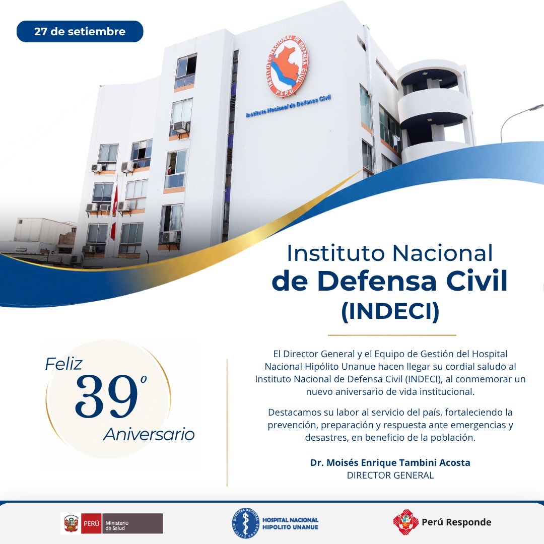 HospitalUnanue's tweet photo. 🎉🇵🇪 ¡FELIZ 39.° ANIVERSARIO, INDECI!
🤝 Valoramos su permanente servicio en favor de la seguridad y protección de la población peruana.
#HNHU #INDECI #39Aniversario #MINSA #PerúResponde https://t.co/lFcz94dxMq