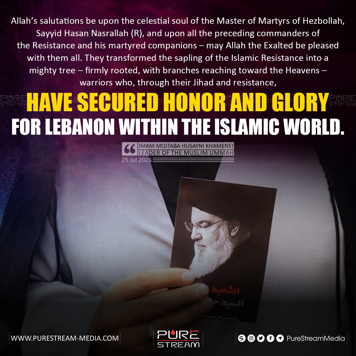 PureStream02's tweet photo. Allah’s salutations be upon the celestial soul of the Master of Martyrs of Hezbollah, Sayyid Hasan Nasrallah (R), and upon all the preceding commanders of the Resistance and his martyred companions – may Allah the Exalted be pleased with them all. They transformed the sapling... https://t.co/V9sAkFaZ0X