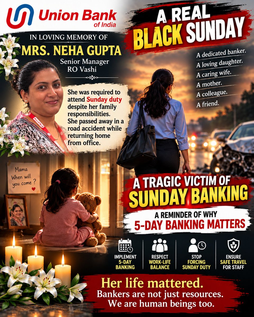 bankaffairs's tweet photo. Black Sunday in banking.

She said no. She had a child waiting at home. She was still forced onto Sunday duty in Vashi. She died in a road accident while returning.

No customer asked for this Sunday. Strike-management and ego opened the doors. A life may now sit on that decision — besides the crores this fight is already burning.

Who will stand before that child?

Om Shanti.

@UFBUIndia @UnionBankTweets @nsitharaman @DFS_India @RBI @aiboc_in @AIUBOSA