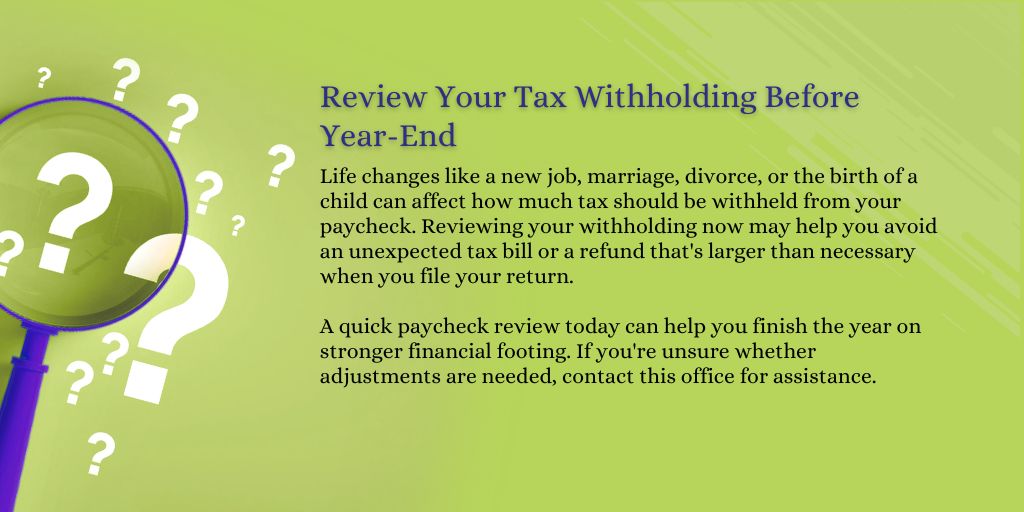 LuongoCpa's tweet photo. Fall is a great time to review your tax withholding. Small adjustments now can help prevent surprises at tax time.  #WeeklyDeduction #TaxPlanning #Withholding https://t.co/wd4qGb7CpM