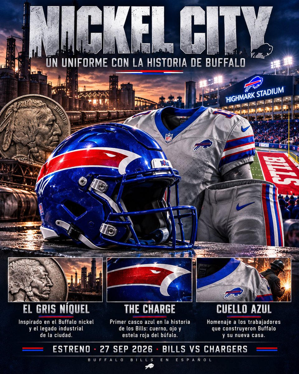 BuffaloBillsEsp's tweet photo. ¡HOY LA HISTORIA SE VISTE DE NÍCKEL! 

Seis grandes eras de uniformes nos trajeron hasta aquí. 
Hoy nace Nickel City: gris industrial y The Charge, el primer casco azul de los Bills, con una nueva interpretación del búfalo.

Distintas generaciones. Una misma pasión. 

#BillsMafia https://t.co/n1aGFuVX2D
