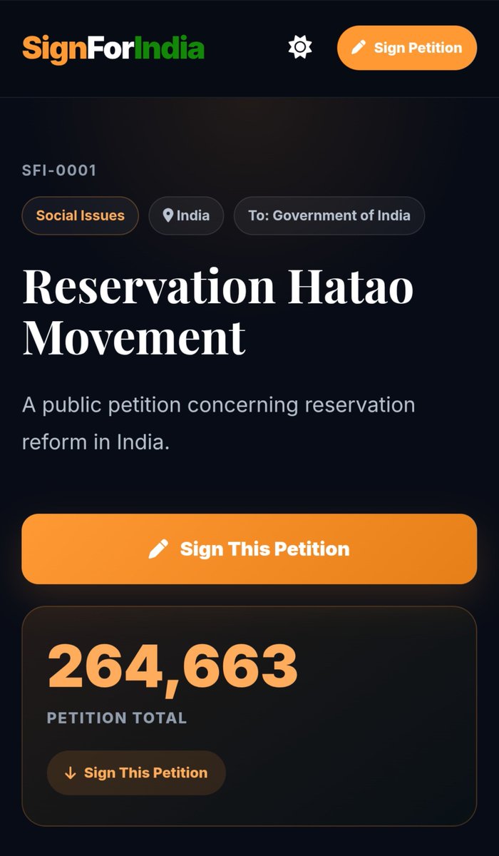 GJP_4_India's tweet photo. Hello Generals,

It's a victory 🔥 

Reservation Hatao Movement Petition has been crossed 2,64,000 signature.

Have you sign, or missed out, if you still left.

don't miss the opportunity, and be the part of Indians biggest movement 

https://t.co/Z274c6wj7N https://t.co/zWfcaIHUwC