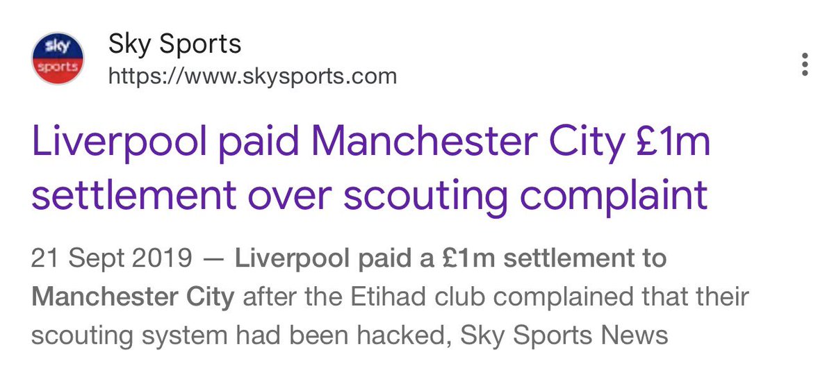 City_Chief's tweet photo. 📌 | REMINDER: Liverpool paid #ManCity a £1M settlement after allegations that Liverpool repeatedly accessed City’s scouting database over an eight-month period. https://t.co/vghFU0eVpQ