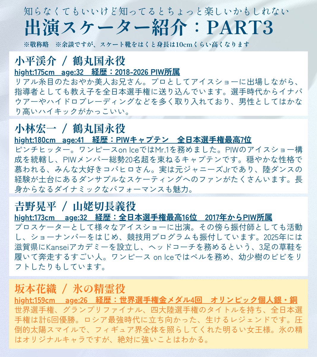 920_sorataro's tweet photo. #刀ブレ　#刀剣乱舞
アイスショーってどう楽しんだらいいんだ？という方へ、こういうところに注目すると面白いかも！というポイントと、出演スケーターの紹介をまとめたシートを作ってみました。
もちろん何も知らなくても楽しめますが、当日に向けて楽しみな気持ちが高まる一助になれば幸いです✨ https://t.co/Mq1kiFRsGa