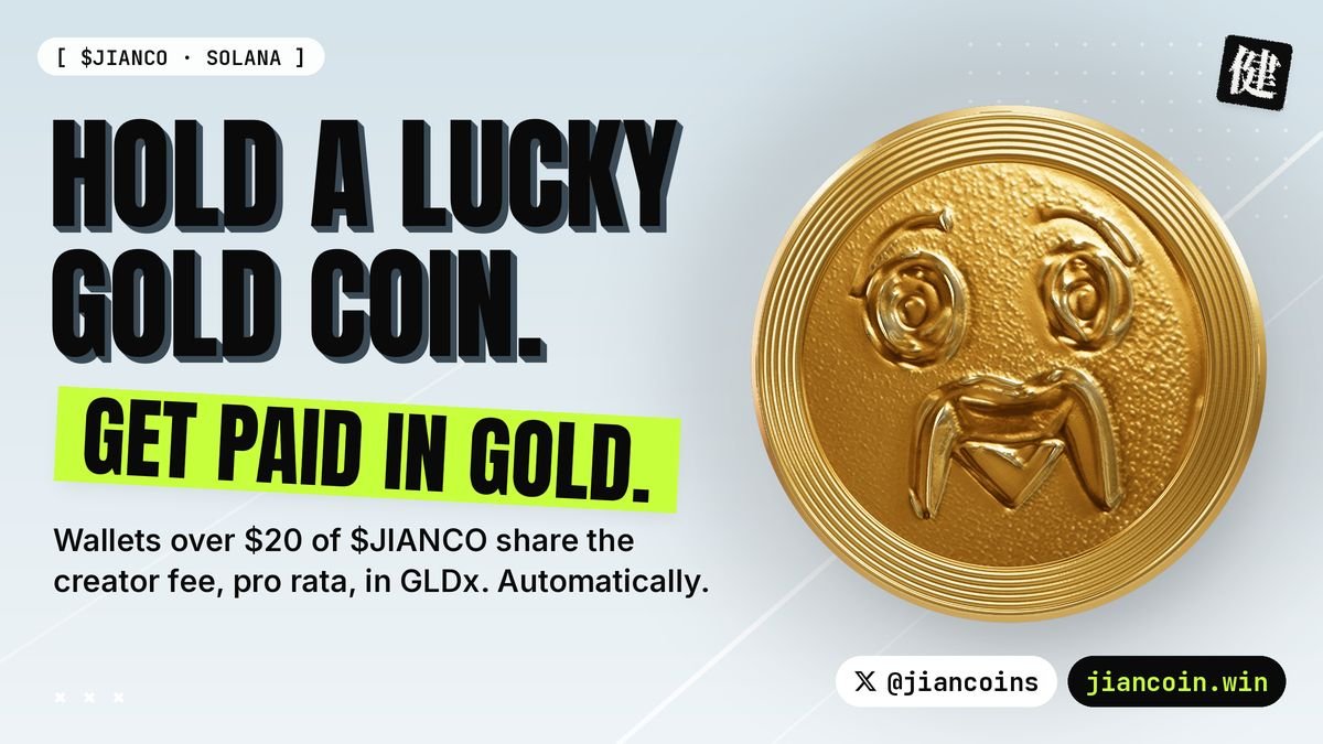 LokossouMo31489's tweet photo. @Jiancoins How $JIANCO holders get paid in gold:

The creator fee on every trade goes straight to holders.

It lands as GLDx, tokenized gold, in every wallet over $20, several times an hour. Nothing to claim.

More volume, more gold. ~$100K daily volume = ~$1,000 of gold a day https://t.co/eqychFjg3U